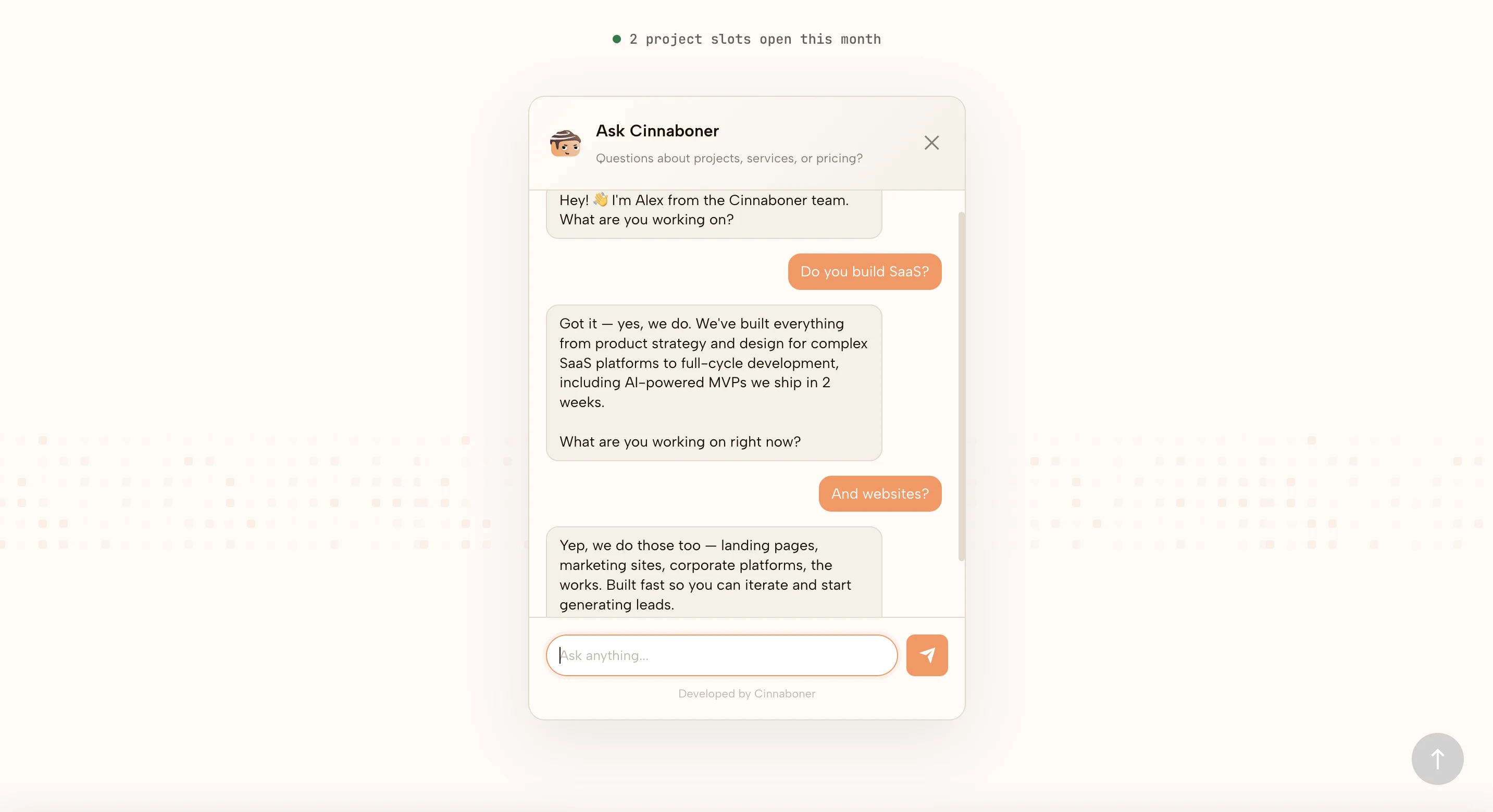 Cinnaboner's custom AI chatbot widget on the homepage — Ask Cinnaboner conversation